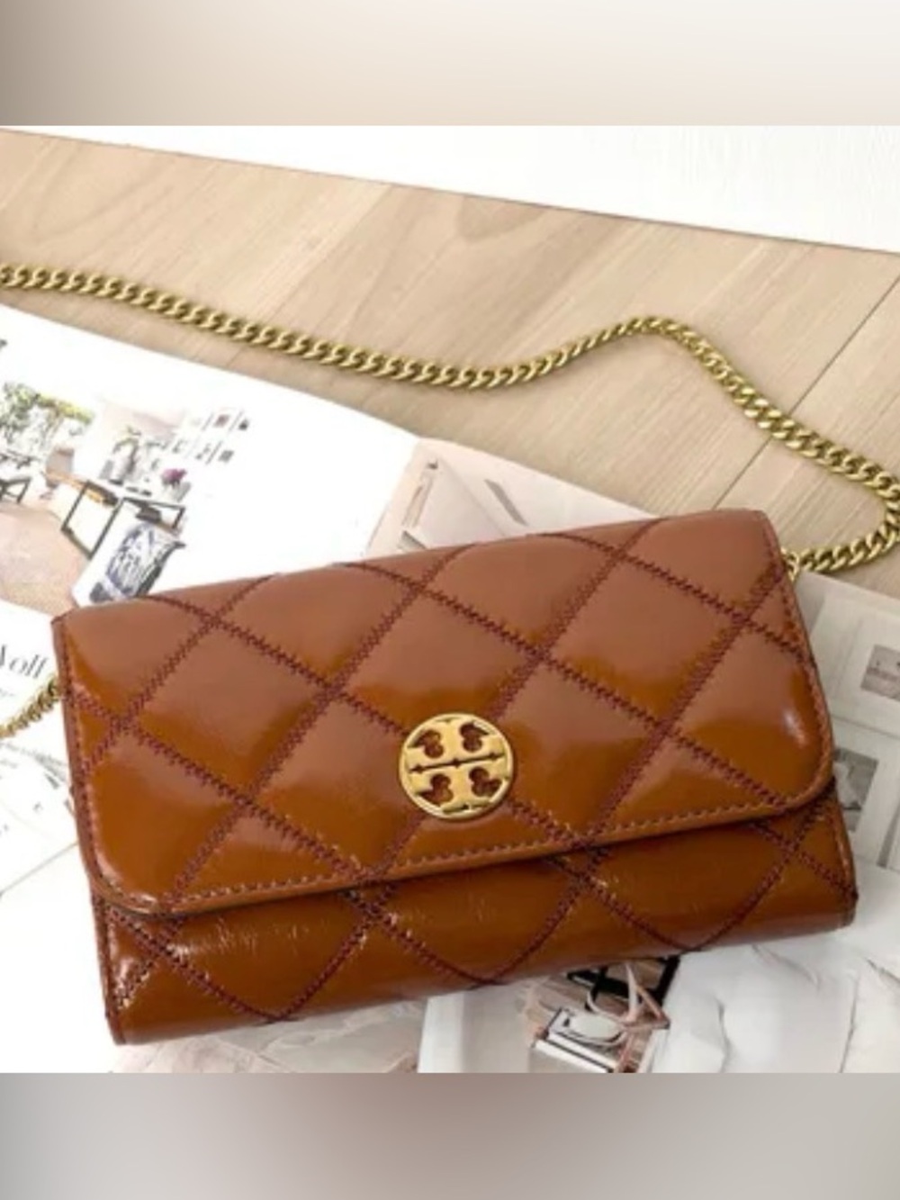 Tory Burch Willa Glazed Chain Wallet (Dark Whiskey), NWT